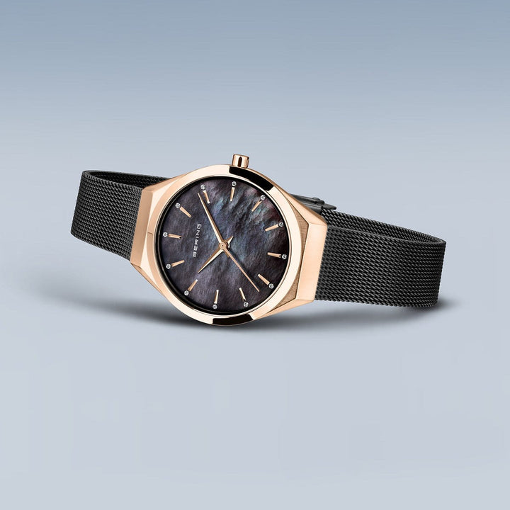 Bering Gold Plated Black Strap Watch